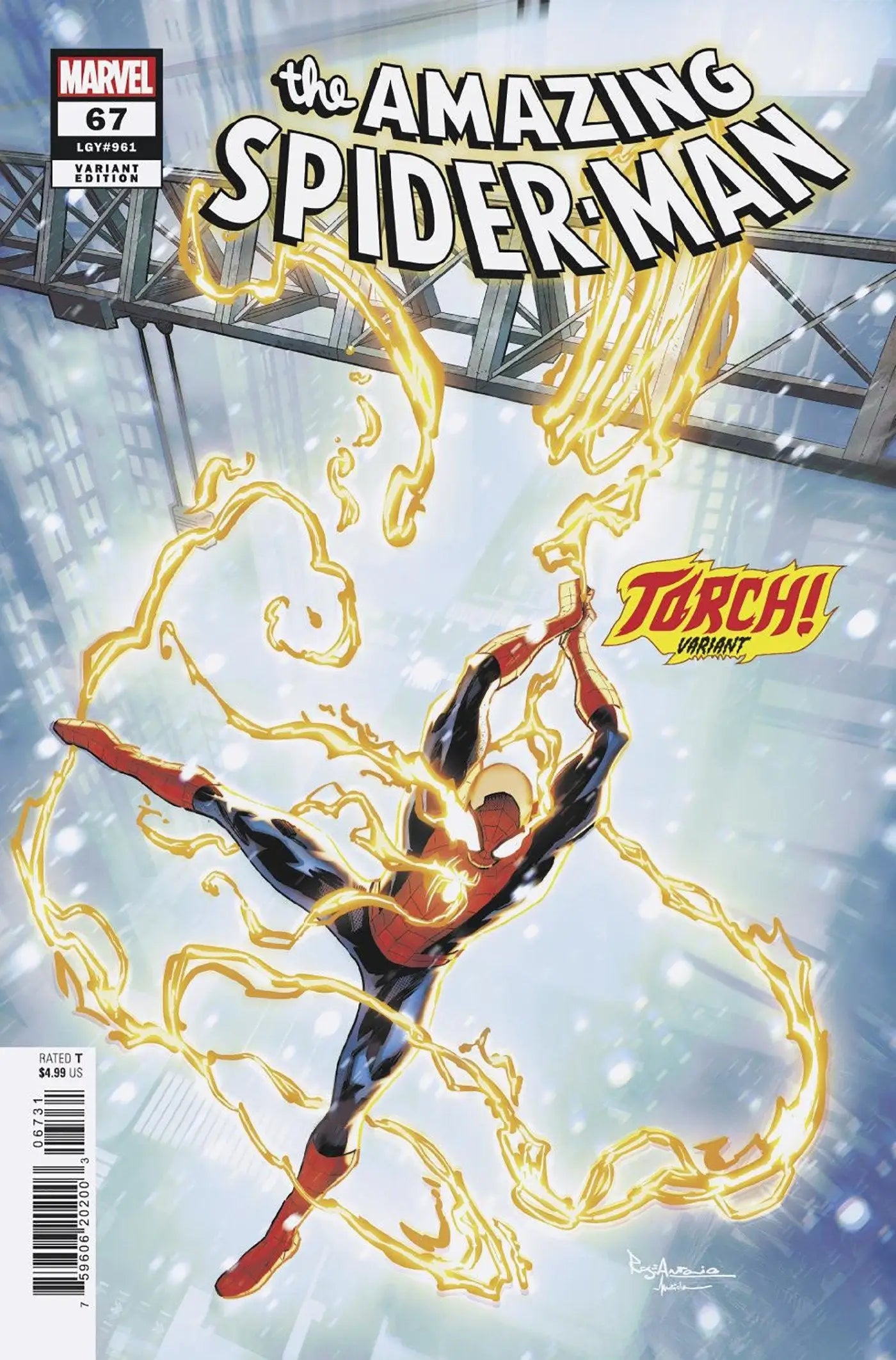 Amazing Spider-Man #67 Roge Antonio Torch variant comic book displayed in product listing