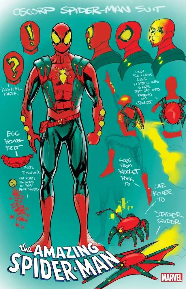 Character design sheet of Spider-Man’s costume with annotations for trading cards