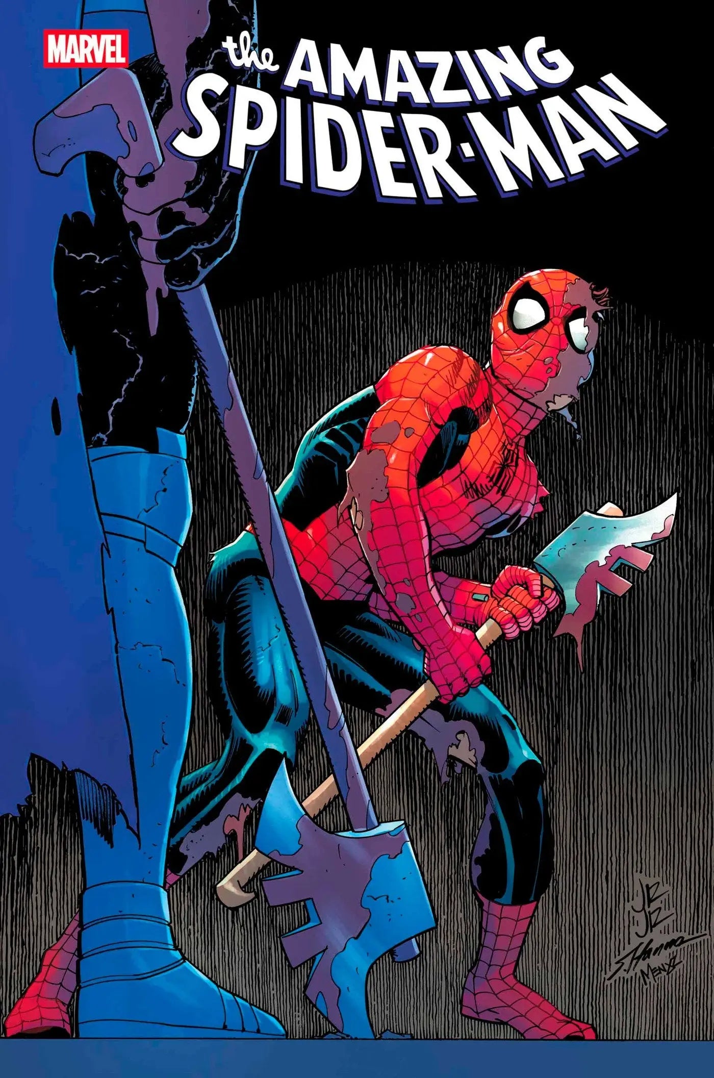 Amazing Spider-Man #8 comic book cover with Spider-Man in a damaged suit holding an axe