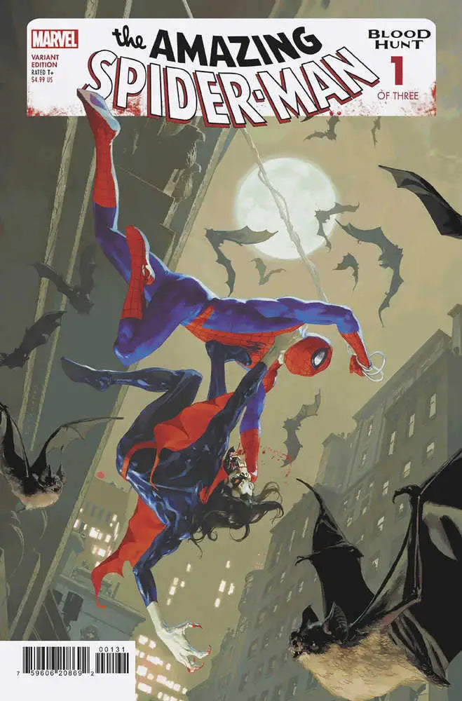 Spider-Man swinging in action from Amazing Spider-Man: Blood Hunt trading cards variant