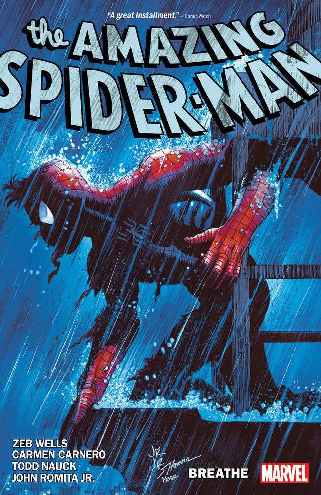 Comic book cover of Amazing Spider-Man by Zeb Wells featuring a distressed Spider-Man in rain