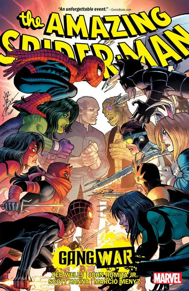 Comic book cover of Amazing Spider-Man by Zeb Wells Volume 9 featuring gang war and super-villain conflict