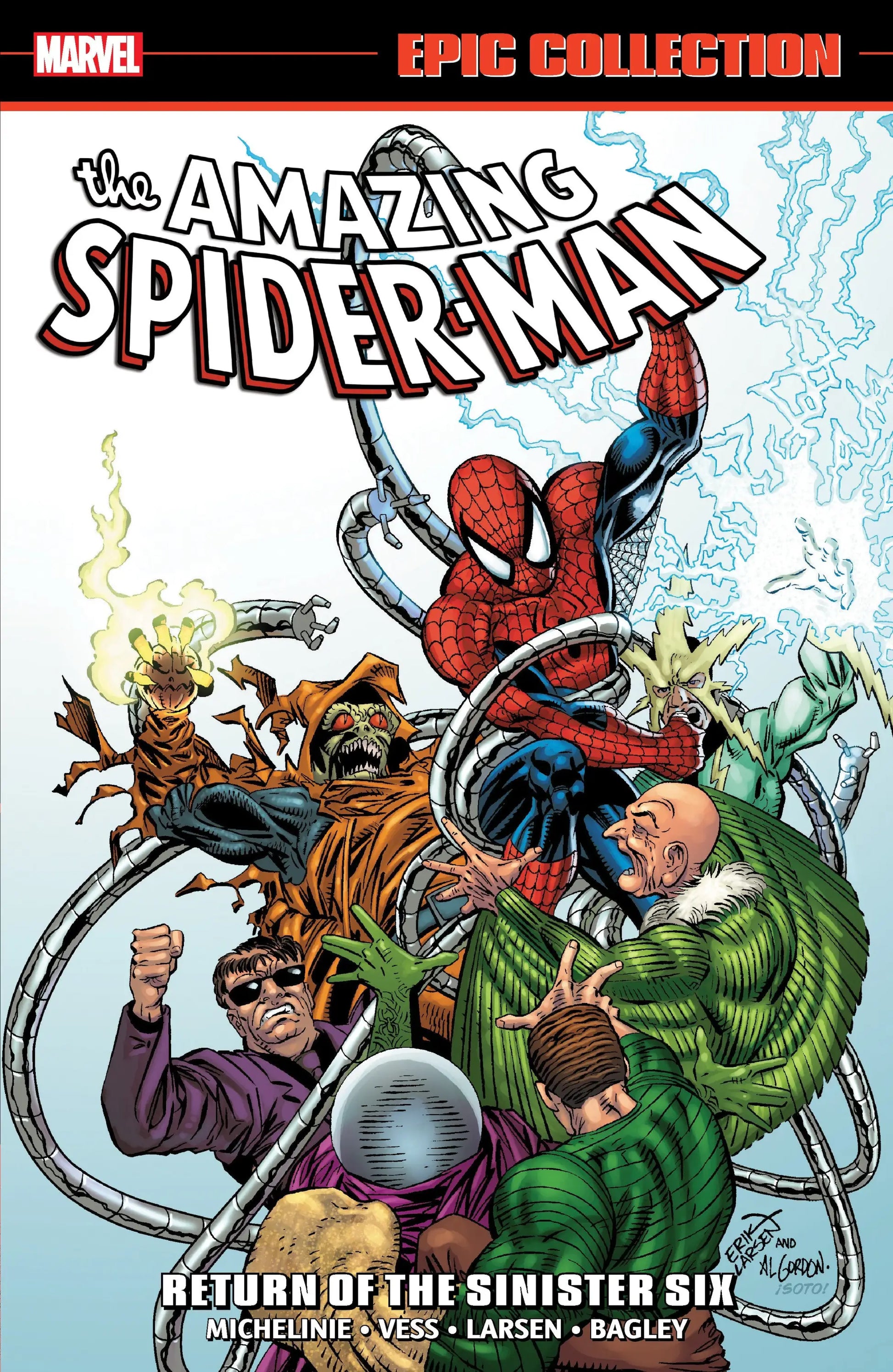Comic book cover of Amazing Spider-Man battling Sinister Six villains in dynamic action