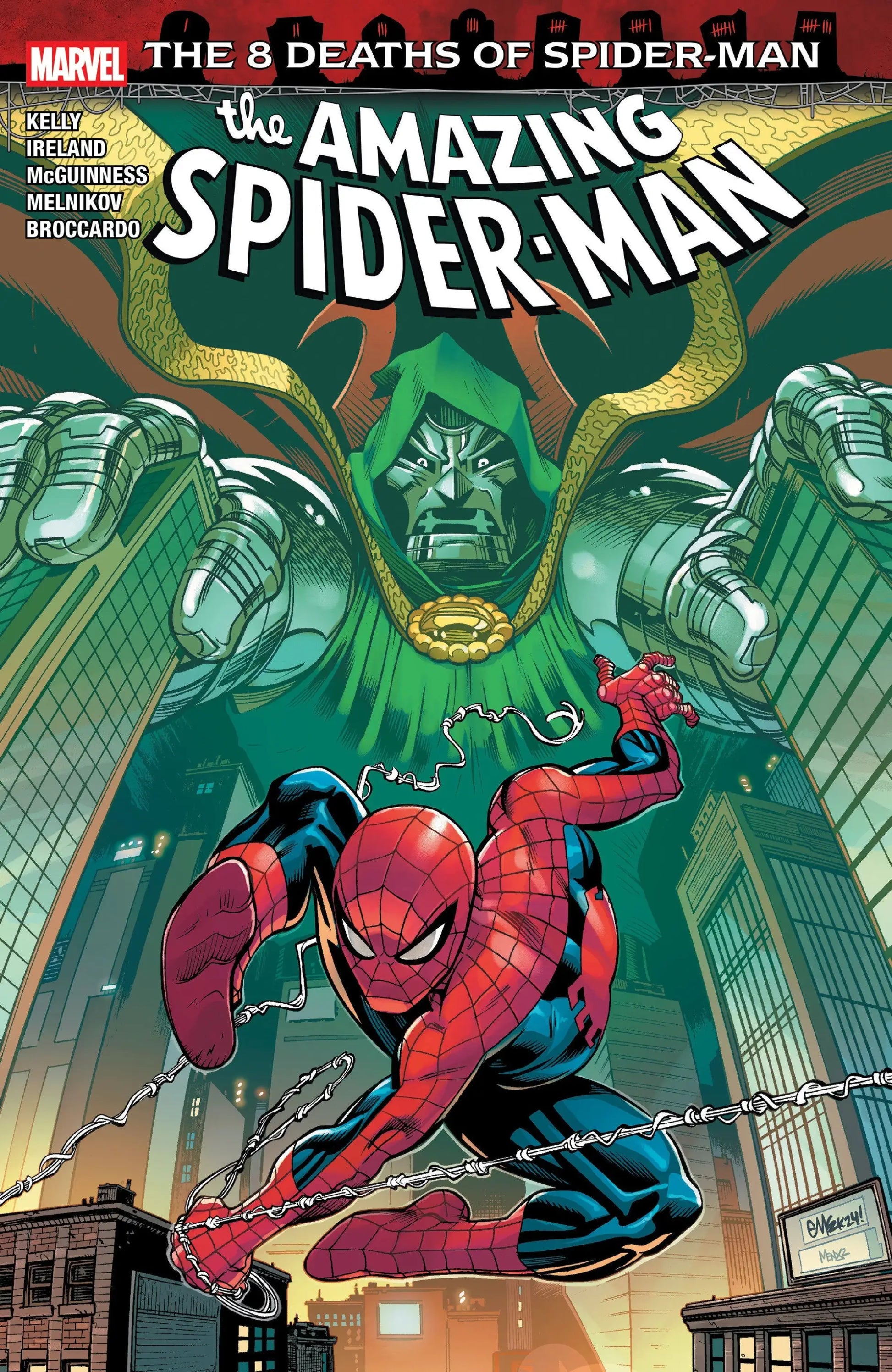Comic book cover featuring Spider-Man and Doctor Doom from Amazing Spider-Man: The 8 Deaths of Spider-Man in the Marvel universe