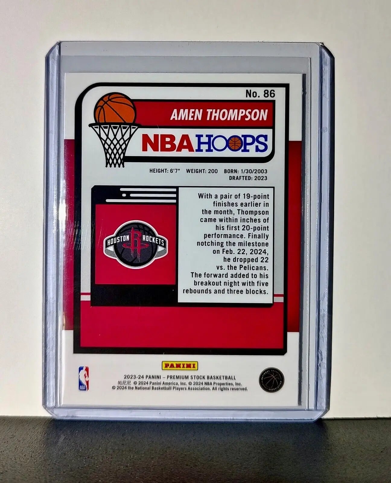 Amen Thompson 2023-24 Panini Premium Stock NBA Hoops #86 Rookie Card Rockets