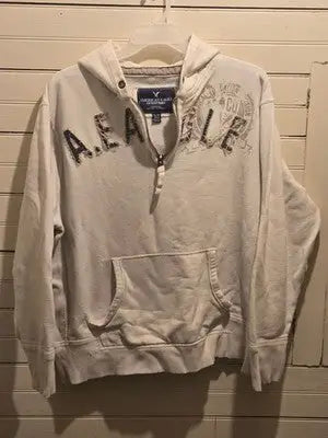 American Eagle Outfitters Hoodie Mens XL Quarter Zip Fleece White Distressed - Apparel