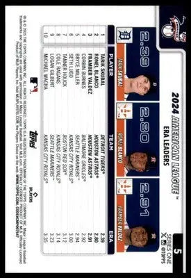 American League Leaders ERA Skubal / Blanco / Valdez LL 2025 Topps #5 - Baseball Card Single
