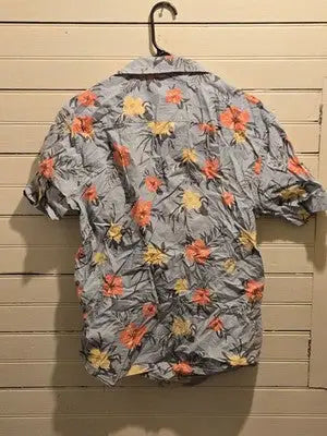 Amnesia Shirt Womens M Floral Short Sleeve Button Up Hawaiian Light Blue Orange - Apparel
