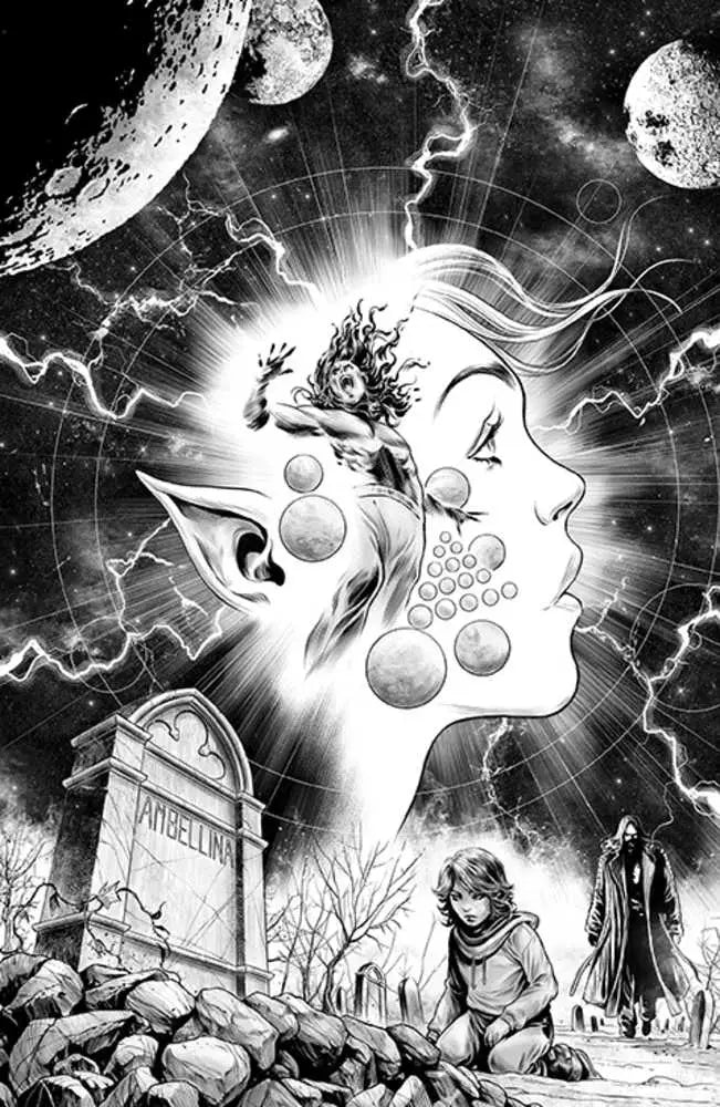 Ethereal ghostly figure with orbs and flowing hair in Amory Wars trading cards cover art