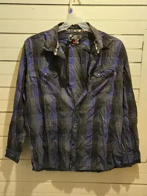 AMPLIFY Button Up Shirt Mens XXL Long Sleeve Snap Front Purple Blue Black Casual - Apparel
