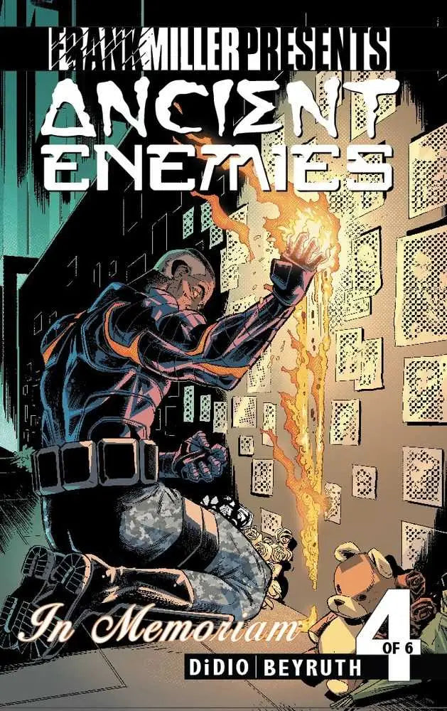 Comic book cover of Ancient Enemies #4 with a dark figure and flames over a cityscape