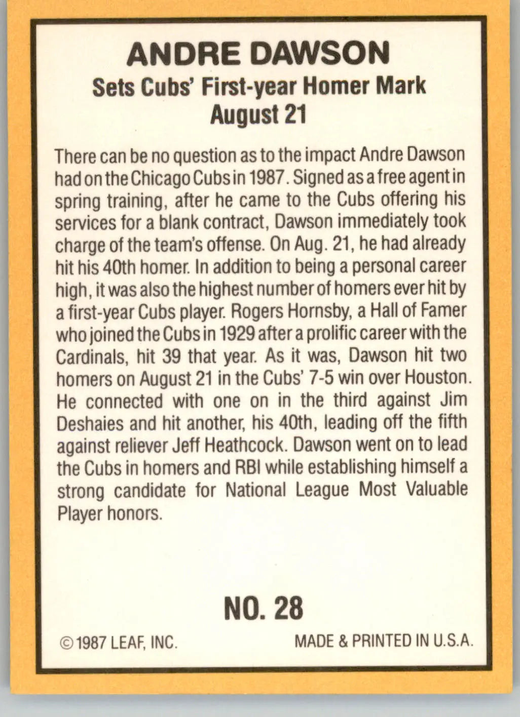 Andre Dawson - 1987 Donruss Highlights - #28 - Baseball - Baseball Card Single