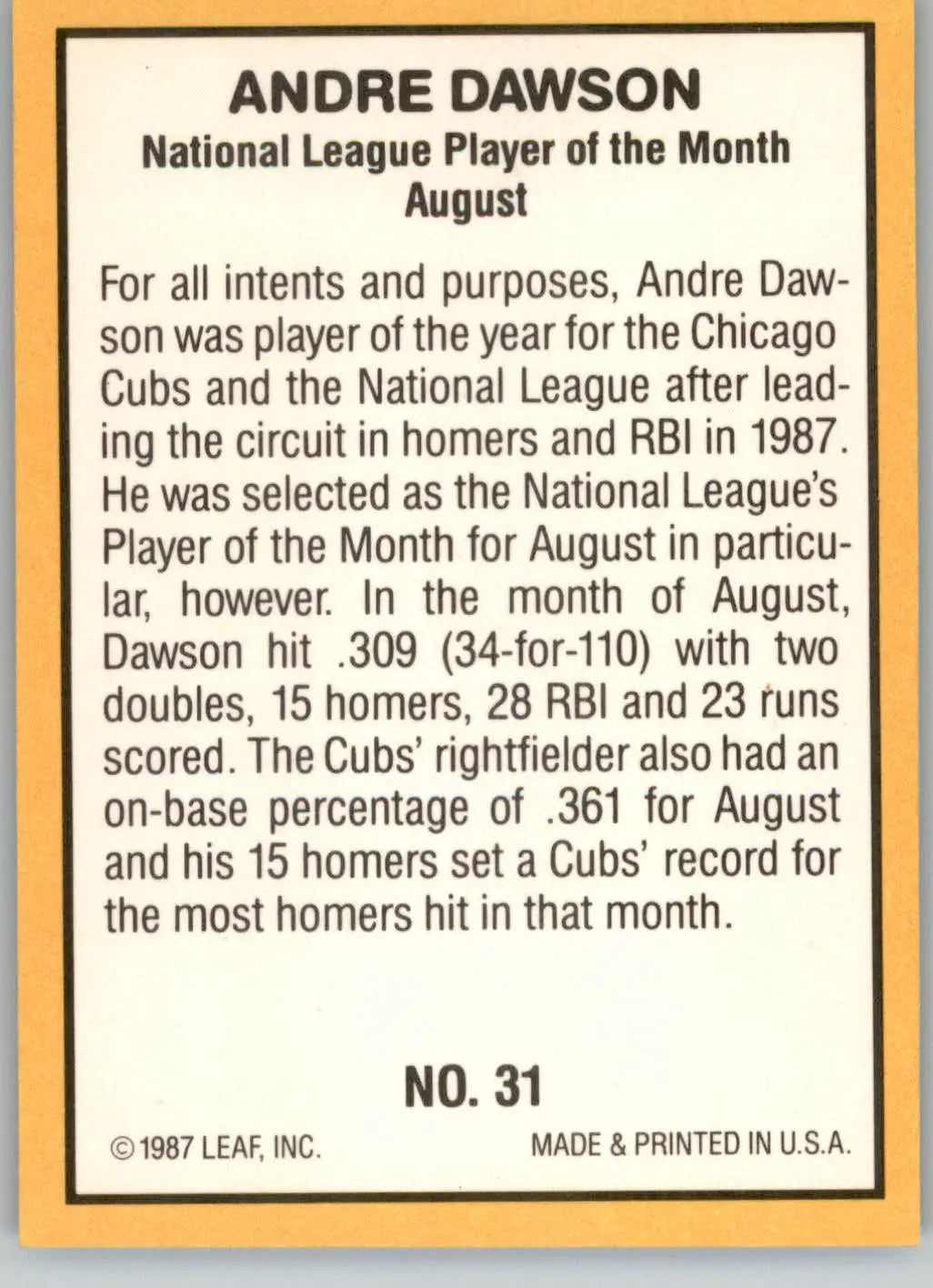 Andre Dawson - 1987 Donruss Highlights - #31 - Baseball - Baseball Card Single