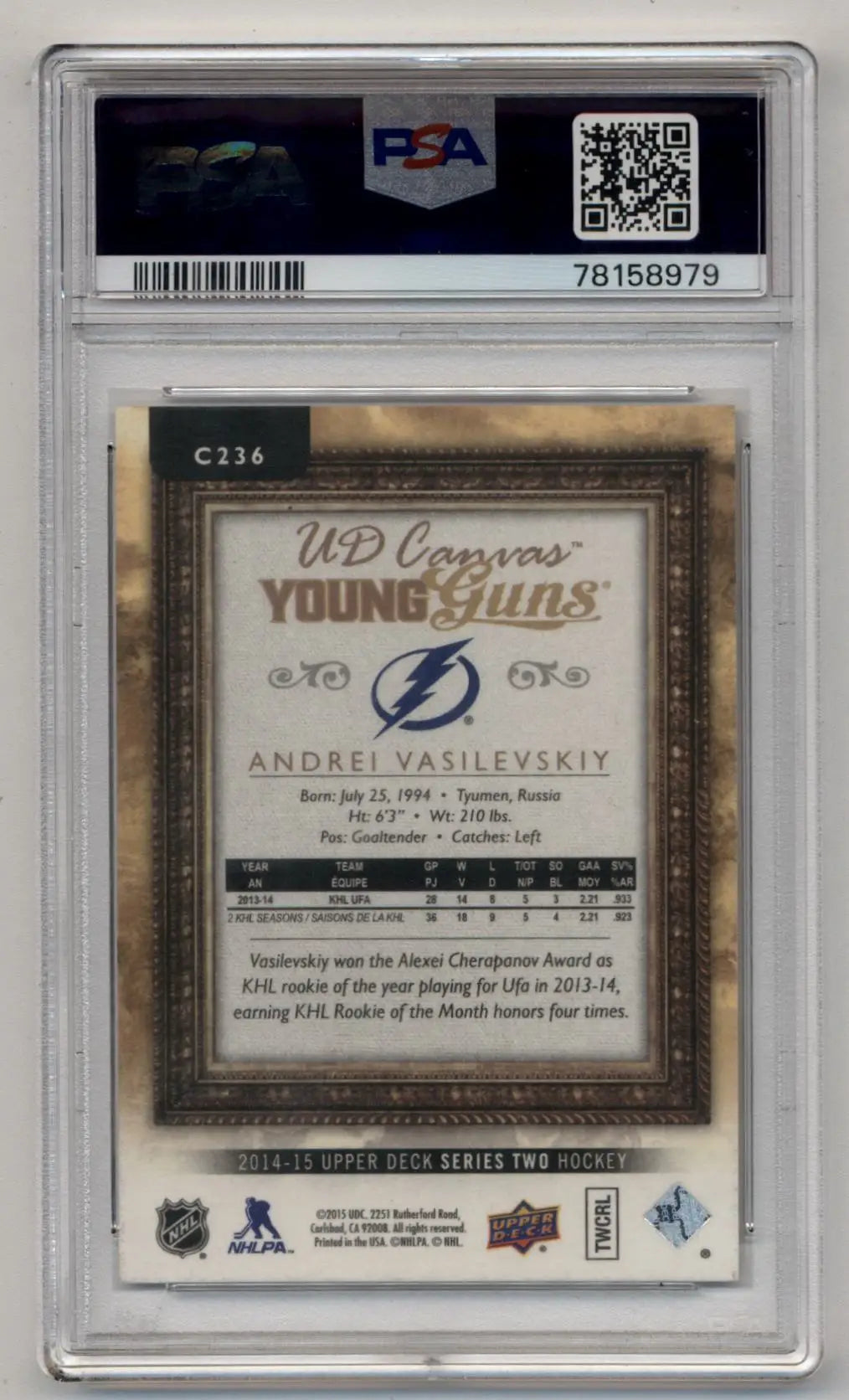 Andrei Vasilevskiy 2014-15 Upper Deck Canvas #C236 PSA 10 Gem Mint - Hockey Card Single