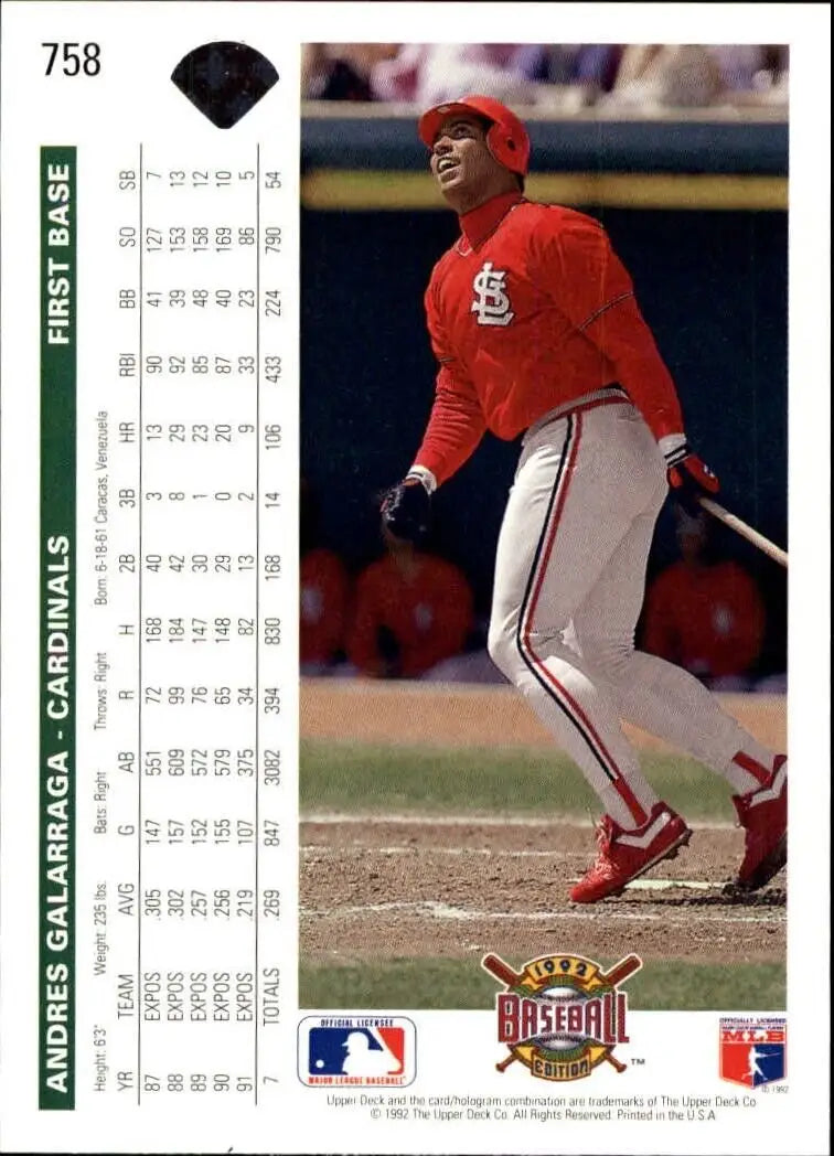 Andres Galarraga 1992 Upper Deck MLB #758 Baseball Card St. Louis Cardinals - Baseball Card Single