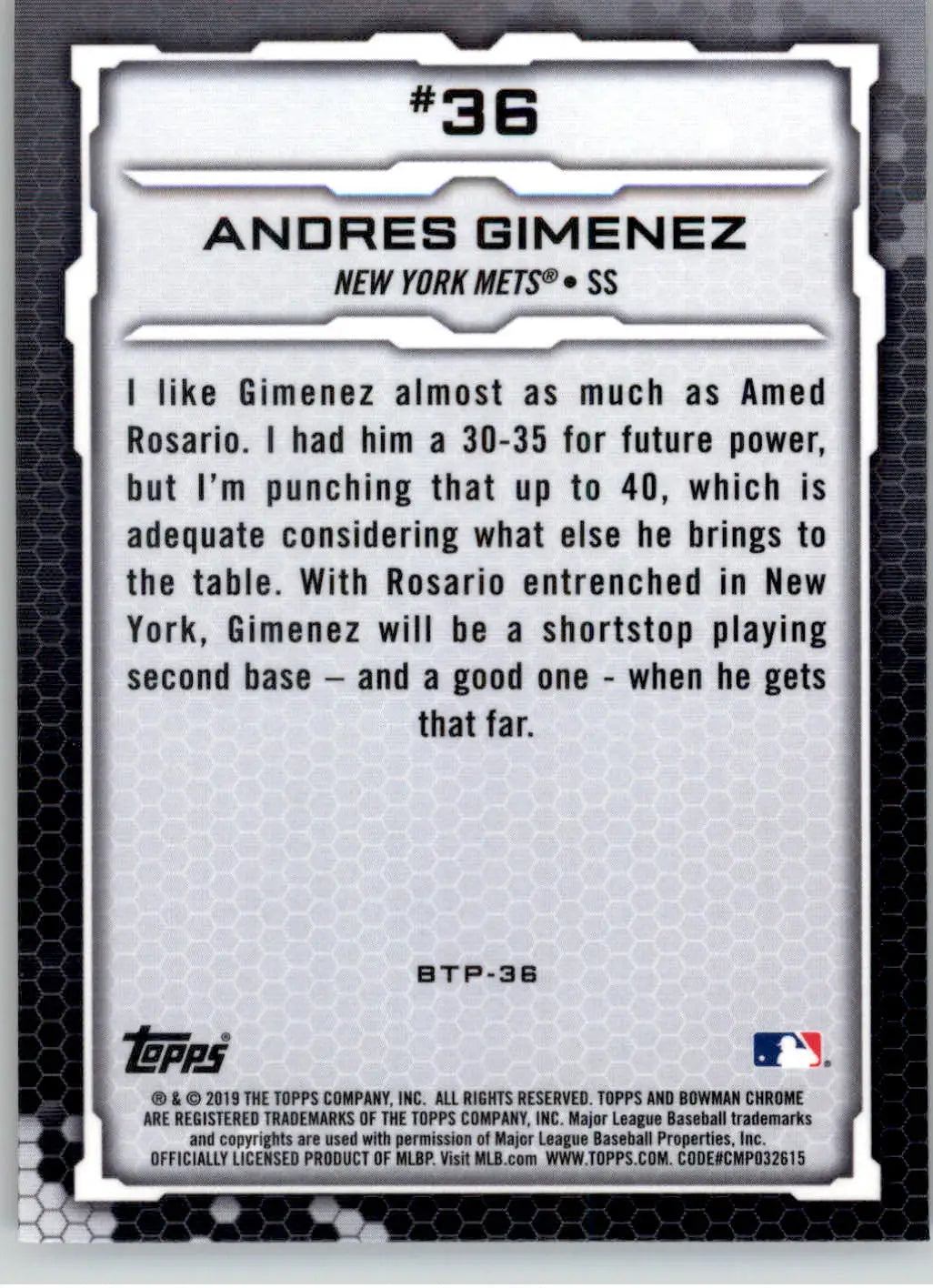 Andres Gimenez - 2019 Bowman - #BTP-36 - Bowman Scouts’ Top 100 Baseball - Baseball Card Single