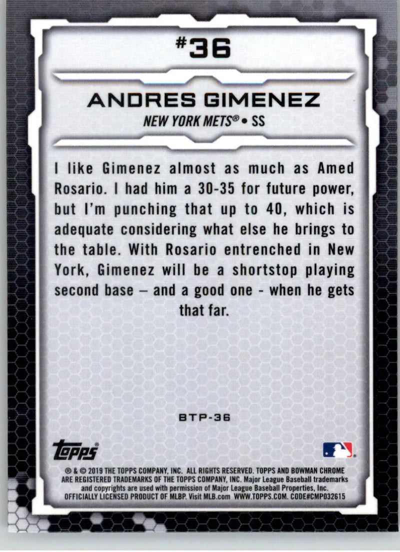 Andres Gimenez - 2019 Bowman - #BTP-36 - Bowman Scouts’ Top 100 Baseball - Baseball Card Single