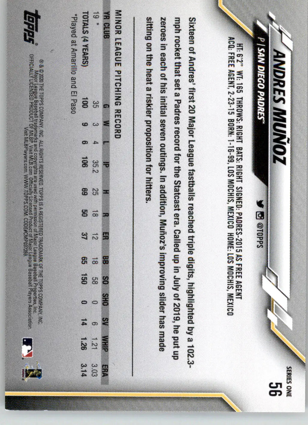 Andres Muñoz - 2020 Topps - #56 - Gold Star Baseball - Baseball Card Single