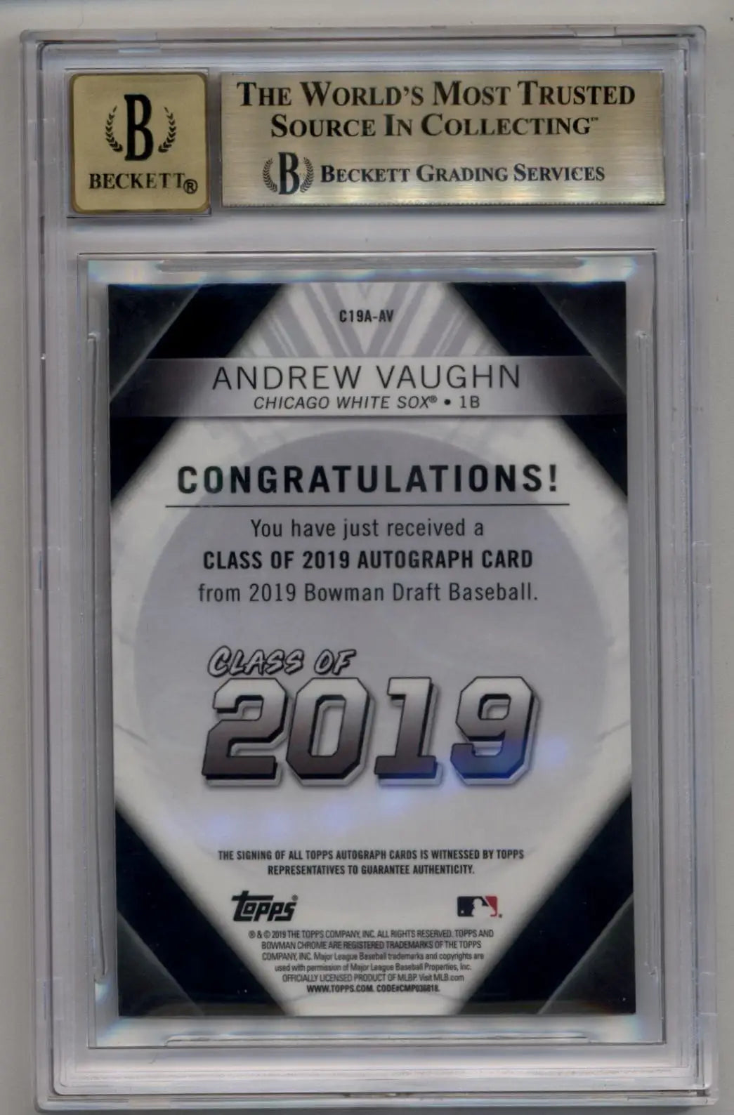 Andrew Vaughn 2019 Bowman Chrome Draft Class of ’19 Gold Refractor Auto 33/50 BGS 9.5 Gem Mint Auto 10 - Baseball Card