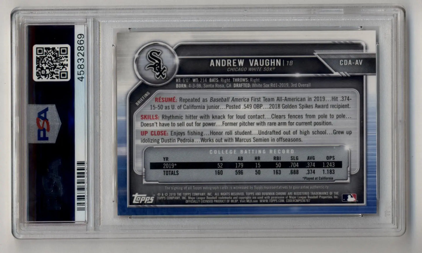 Andrew Vaughn 2019 Bowman Chrome Draft Gold Refractor Auto 30/50 PSA 10 Gem Mint - Baseball Card Single