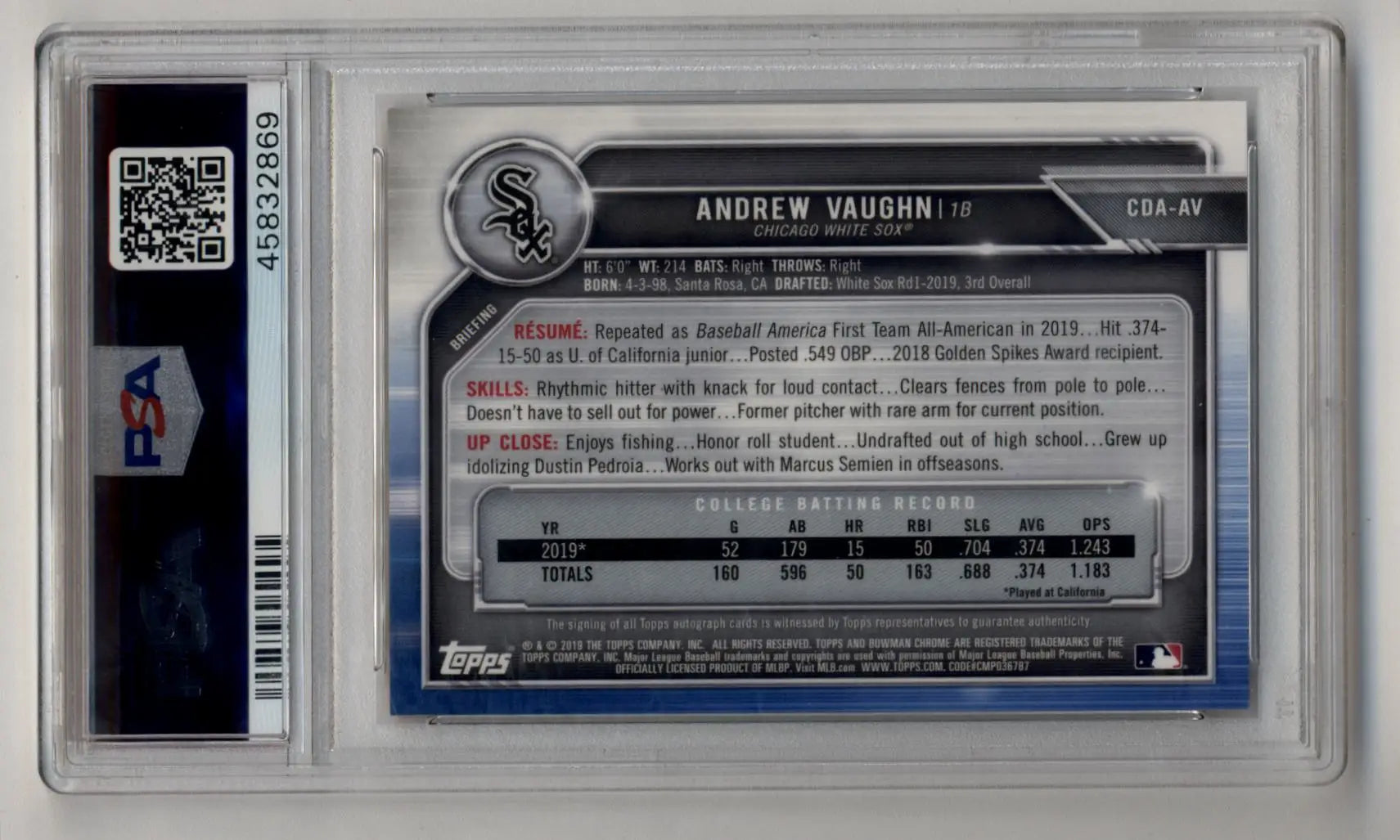 Andrew Vaughn 2019 Bowman Chrome Draft Gold Refractor Auto 30/50 PSA 10 Gem Mint - Baseball Card Single