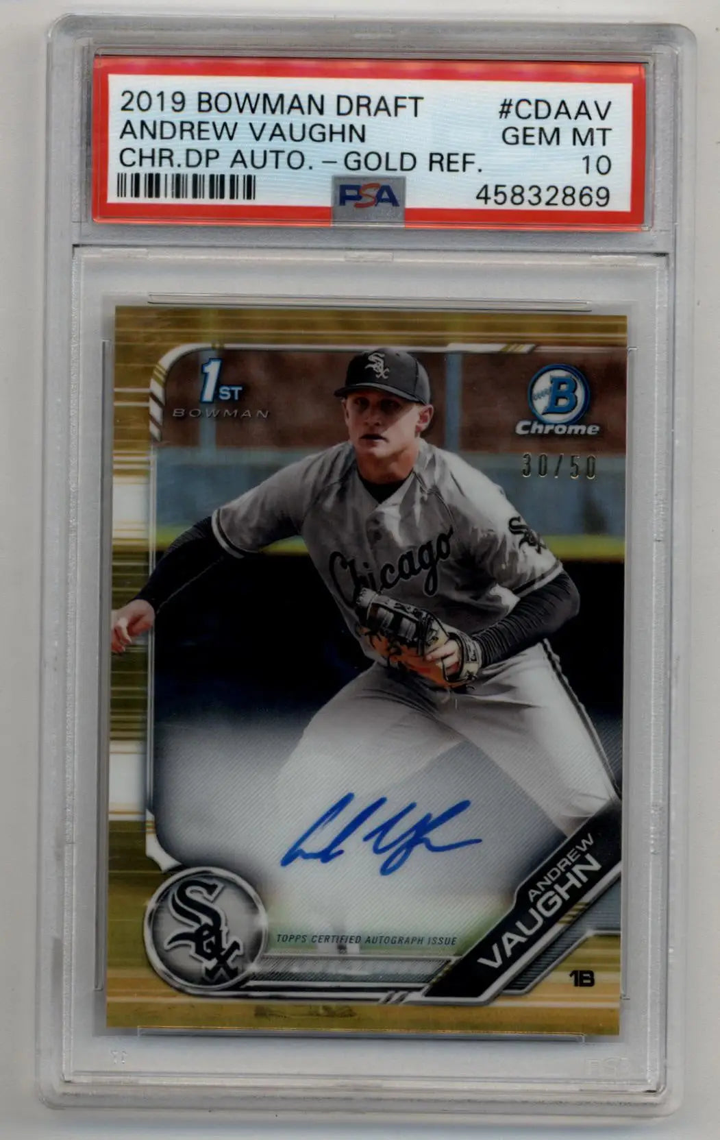 Andrew Vaughn 2019 Bowman Chrome Draft Gold Refractor Auto 30/50 PSA 10 Gem Mint - Baseball Card Single