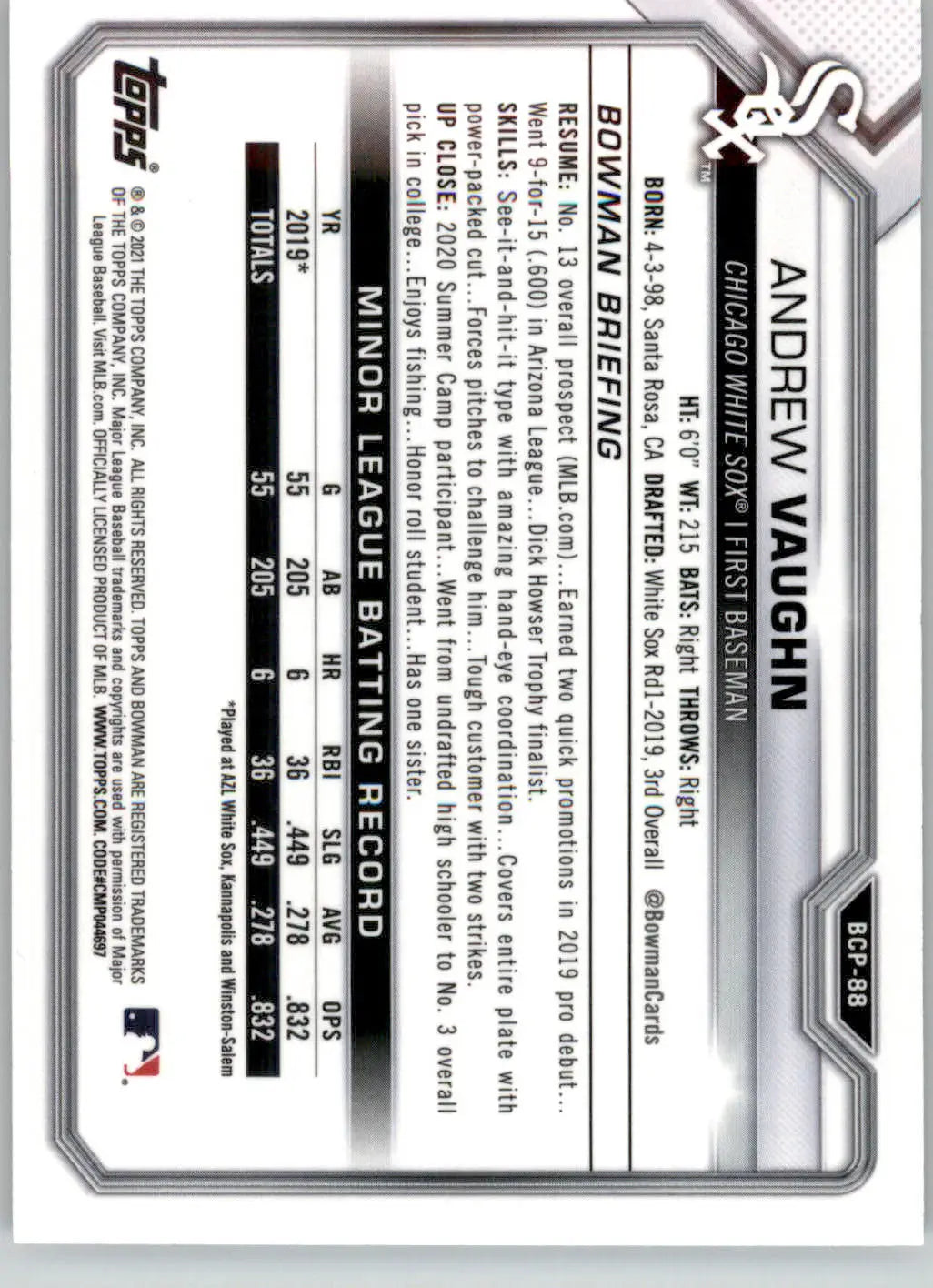 Andrew Vaughn - 2021 Bowman - #BCP-88 - Chrome Prospects Mojo Refractor Baseball