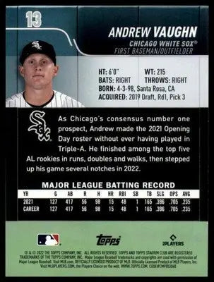 Andrew Vaughn 2022 Stadium Club #13 Chicago White Sox - Baseball Card Single