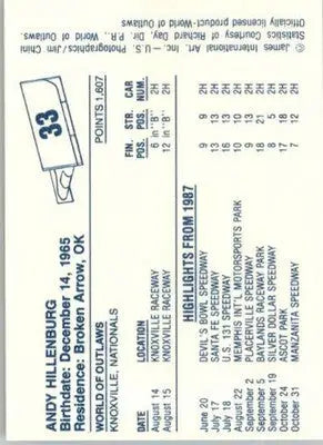 Andy Hillenburg - 1987 World of Outlaws - #33 - Racing - Racing Card Single