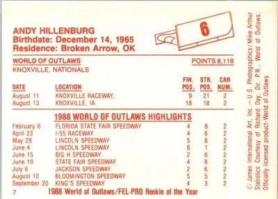 Andy Hillenburg - 1988 World of Outlaws - #6 - Racing - Racing Card Single