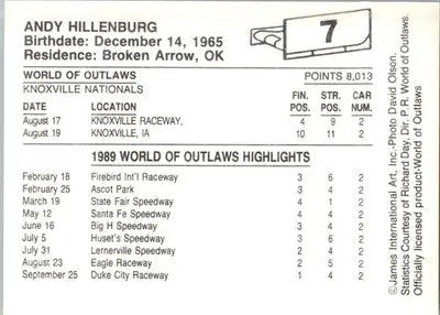 Andy Hillenburg - 1989 World of Outlaws - #7 - Racing - Racing Card Single