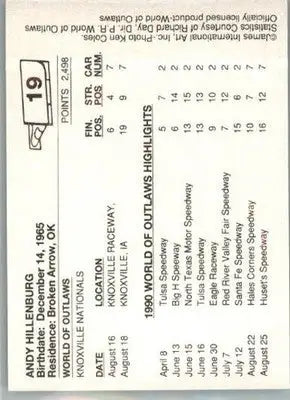Andy Hillenburg - 1990 World of Outlaws - #19 - Racing - Racing Card Single