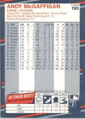 Andy McGaffigan - 1988 Fleer - #190 - Baseball - Baseball Card Single