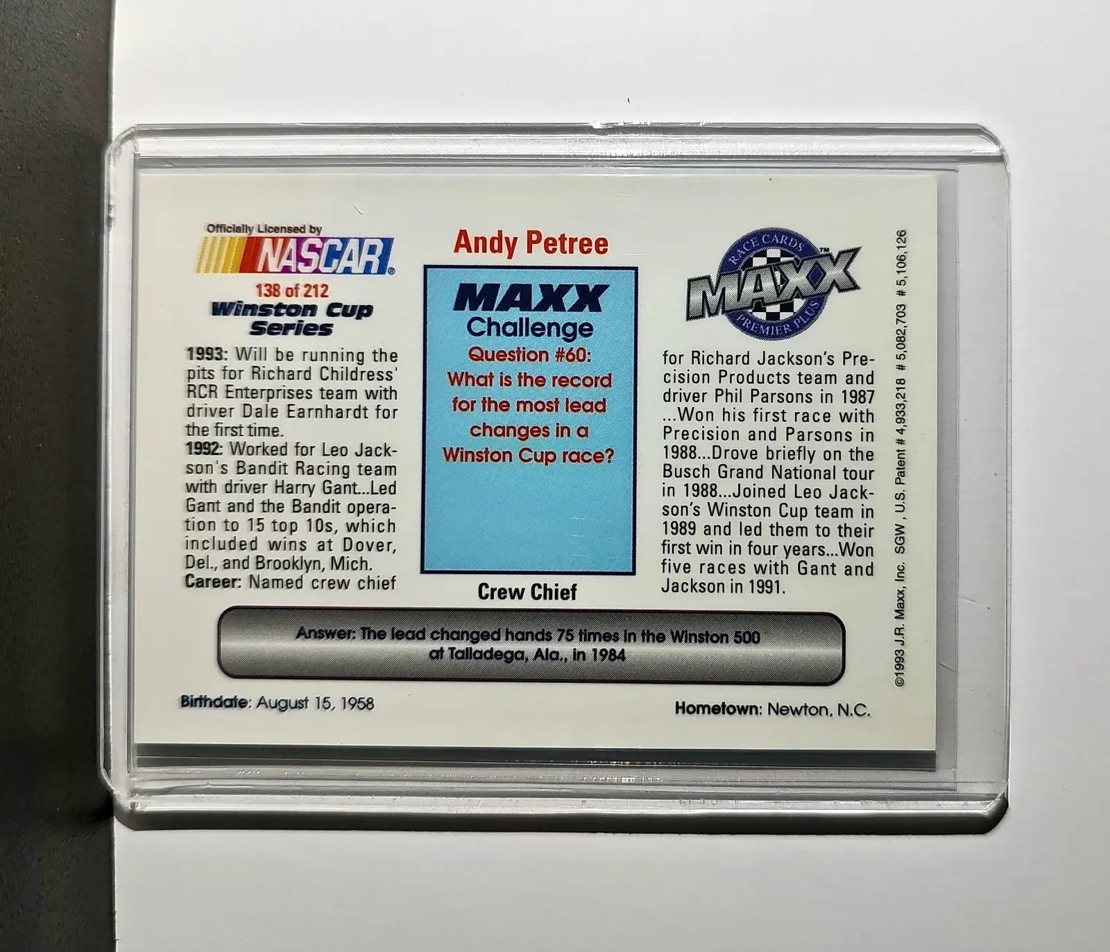 Andy Petree 1993 Maxx Premier Plus Racing #138 NASCAR Leo Jackson Motorsports - Racing Card Single