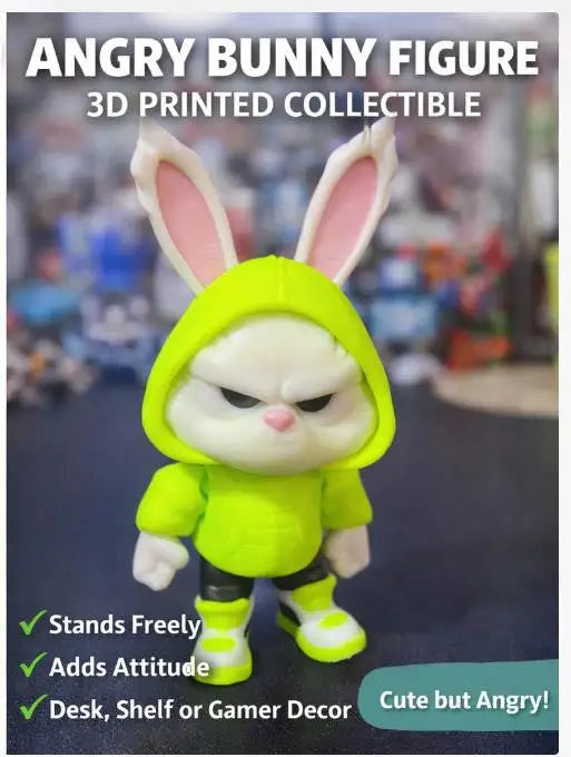 Angry Bunny Figurine 3D Printed – Cute Hooded Rabbit Figure - Collectibles