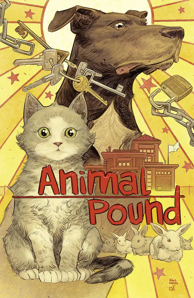 Illustrated book cover of Animal Pound featuring a dog, cat, and mouse amidst trading cards