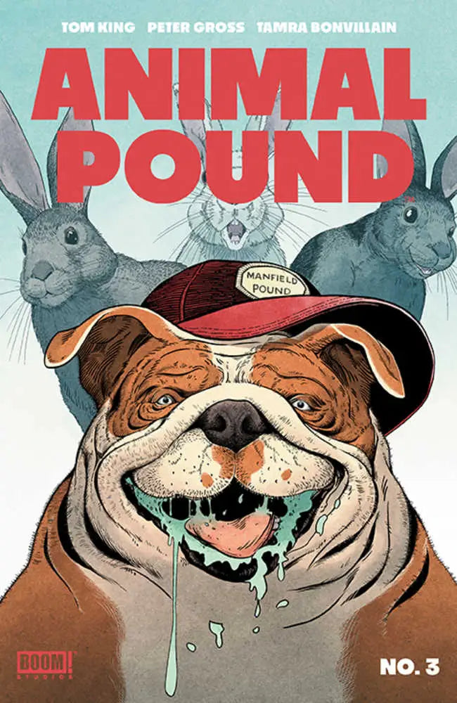 Comic book cover of Animal Pound #3 with a drooling bulldog and rabbits, great for trading cards