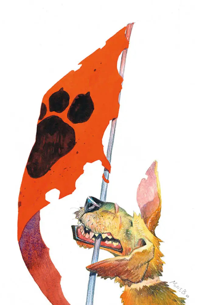 Fox-like creature gazing at an orange paw print flag for Animal Pound trading cards