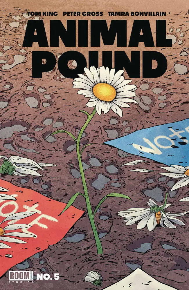 Comic book cover of Animal Pound #5 showing a daisy growing through dark soil