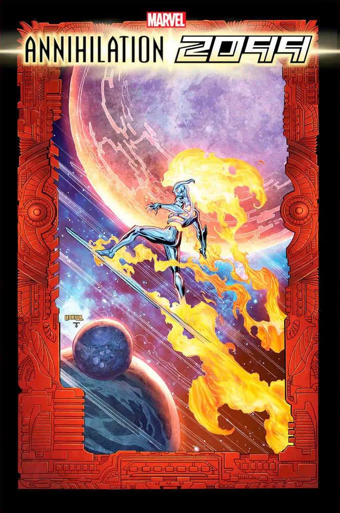 Cosmic rider surfing fiery wave in Annihilation 2099 #4 Ken Lashley Frame Variant
