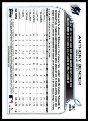 Anthony Bender Rookie 2022 Topps #160 Miami Marlins - Baseball Card Single