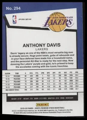 Anthony Davis 2019-20 Hoops Premium Blue Cracked Ice #294 LA Lakers - Basketball Card Single