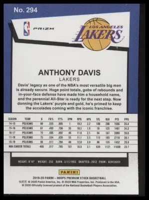 Anthony Davis 2019-20 Hoops Premium Stock Prizms Green #294 Los Angeles Lakers - Basketball Card Single