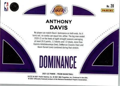 Anthony Davis - 2021-22 Panini Prizm - #20 - Dominance Basketball - Basketball Card Single