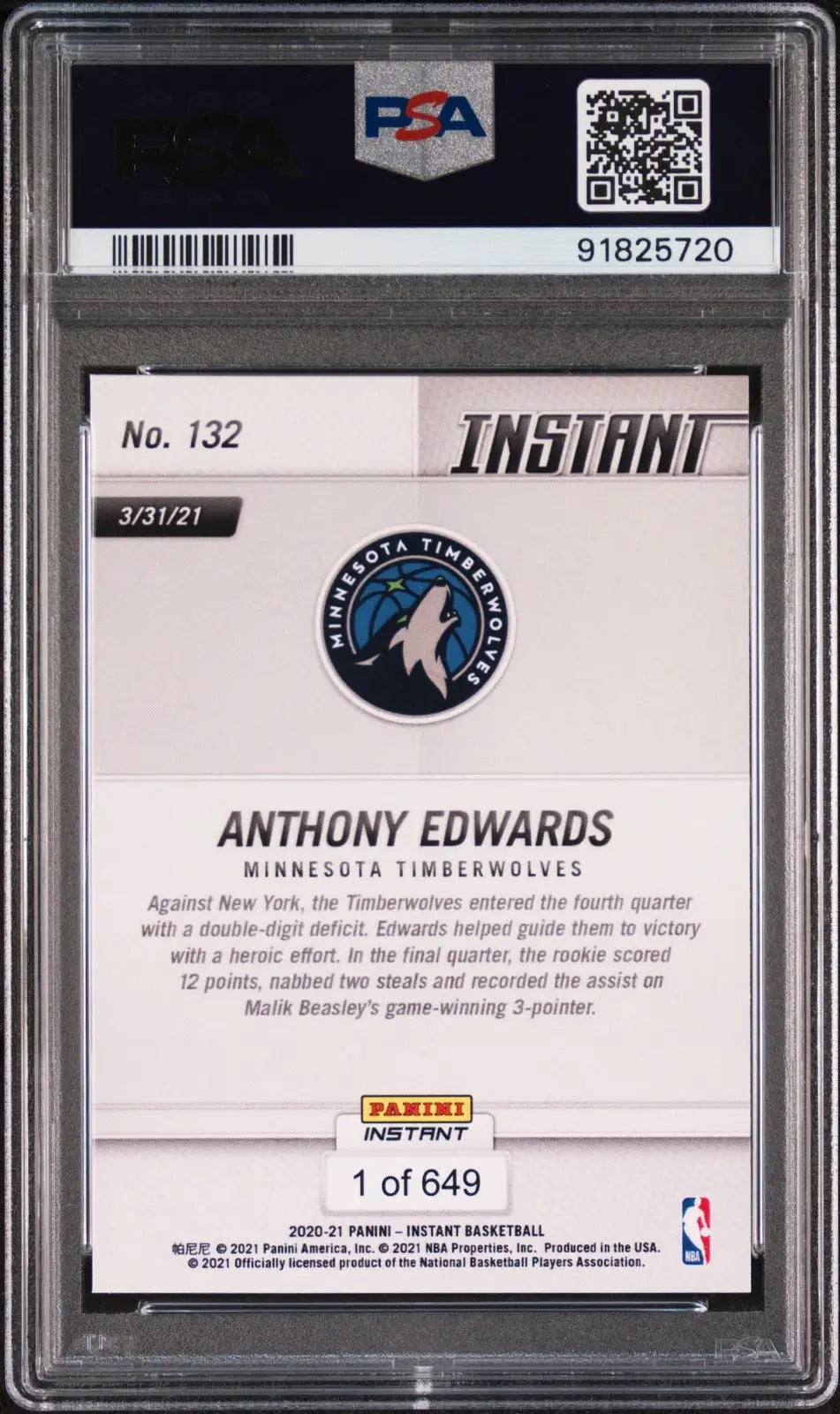 Anthony Edwards 2020-21 Panini NBA #132 Basketball Card PSA 9 Mint Timberwolves - Basketball Card Single