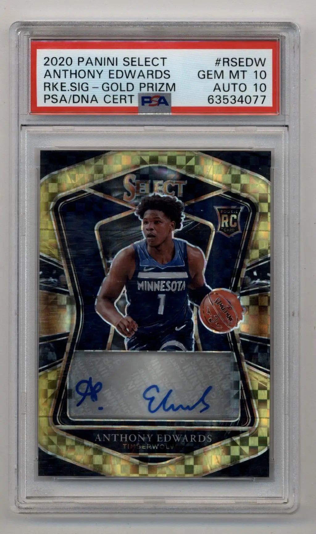 PSA 10 Gem Mint Anthony Edwards 2020-21 Select Rookie Auto Gold Prizm card with autograph