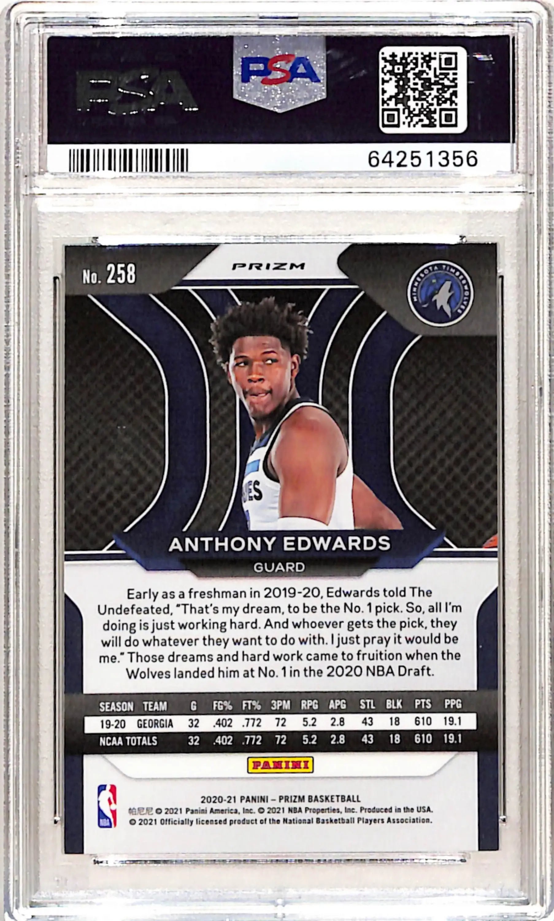 Anthony Edwards 2020 Panini Prizm #258 Choice Blue/Yellow/Green PSA 10 Gem Mint - Basketball Card Single