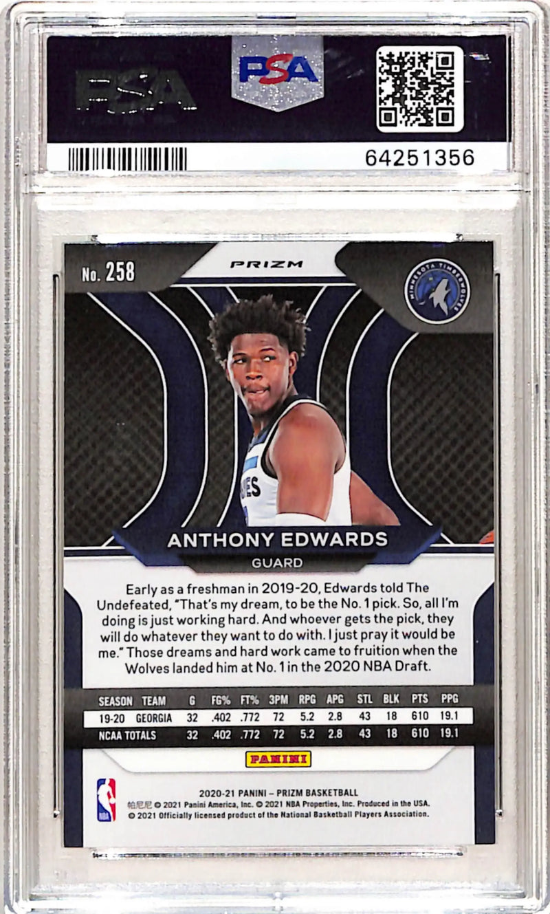 Anthony Edwards 2020 Panini Prizm #258 Choice Blue/Yellow/Green PSA 10 Gem Mint - Basketball Card Single