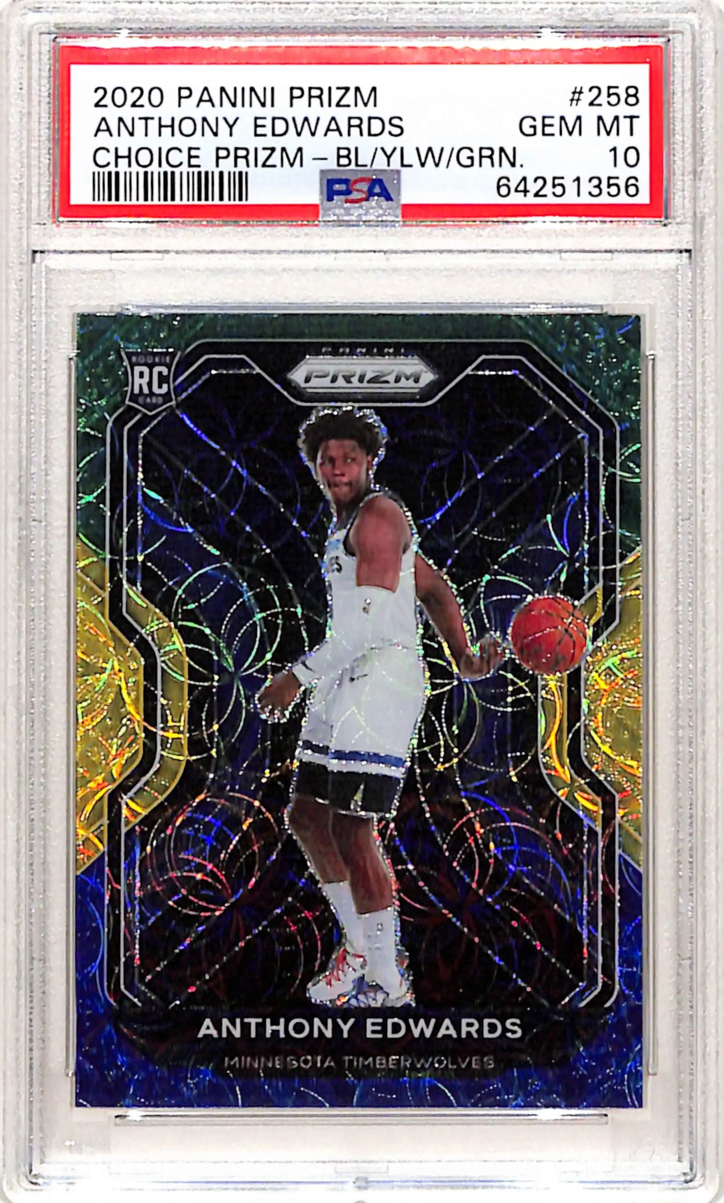 Anthony Edwards 2020 Panini Prizm #258 Choice Blue/Yellow/Green PSA 10 Gem Mint - Basketball Card Single
