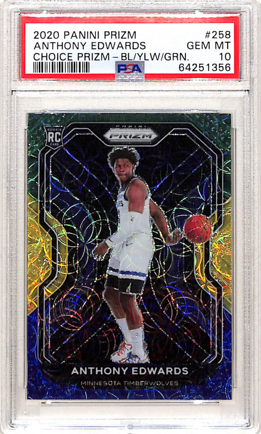 Anthony Edwards 2020 Panini Prizm #258 Choice Blue/Yellow/Green PSA 10 Gem Mint - Basketball Card Single